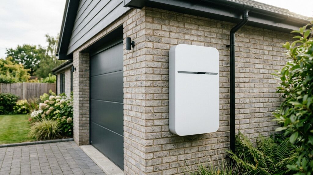 Slim modern home battery storage unit wall-mounted on the exterior brick wall of a UK home