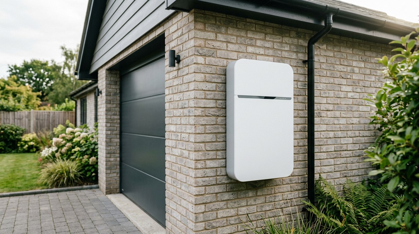 Slim modern home battery storage unit wall-mounted on the exterior brick wall of a UK home