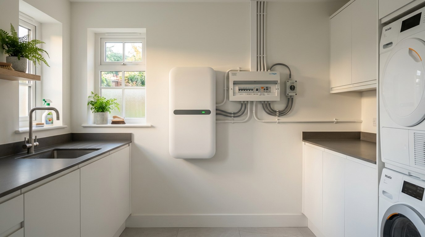 Modern home battery storage unit installed in a UK utility room next to the consumer unit